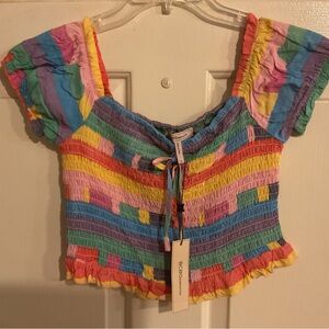 BCBG GENERATION Colorful Smocked Off-Shoulder Crop Top - Multicolor RAINBOW M.